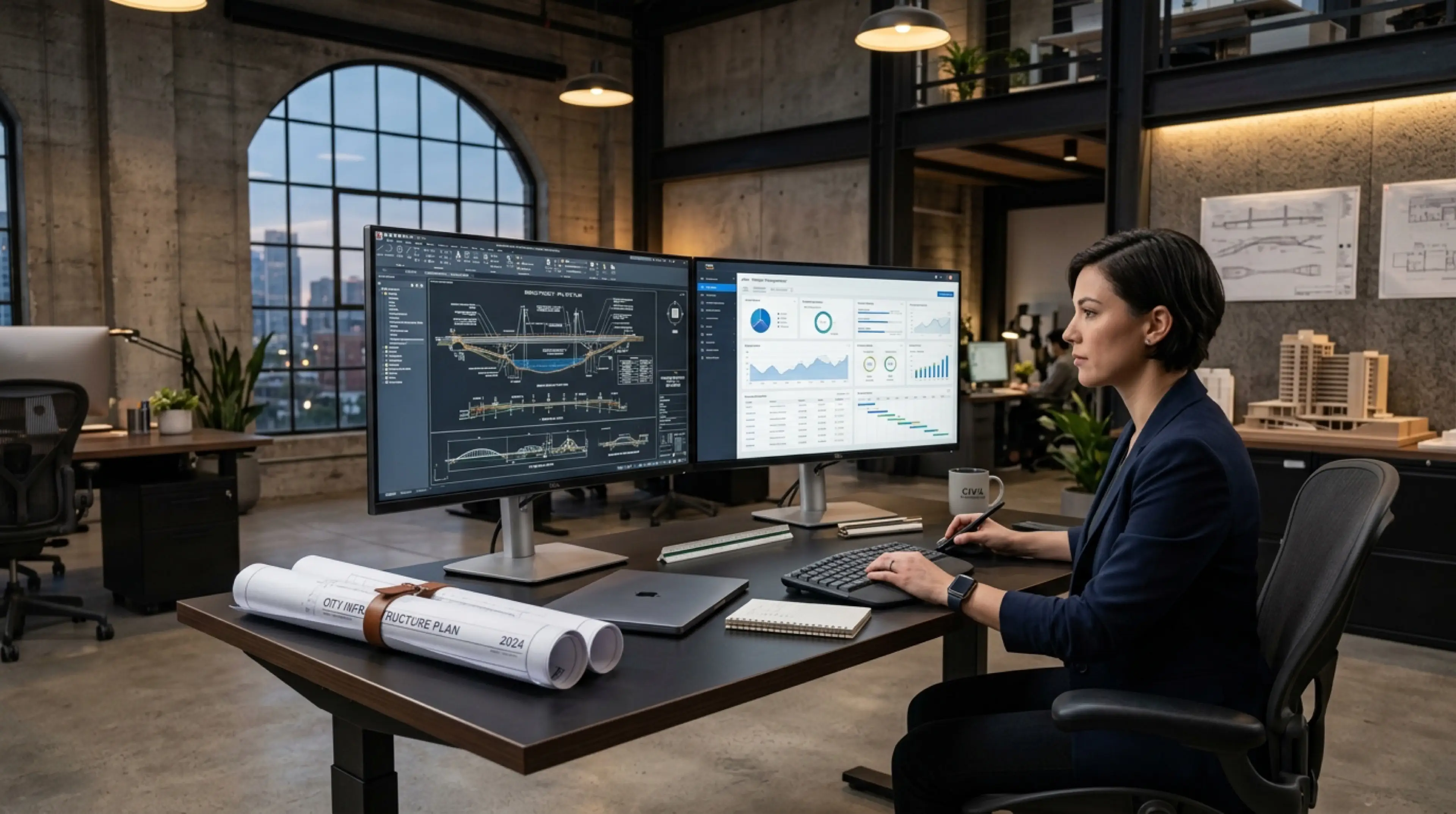 Civil engineering corporate workstation displaying architectural schematics and cloud platform dashboards