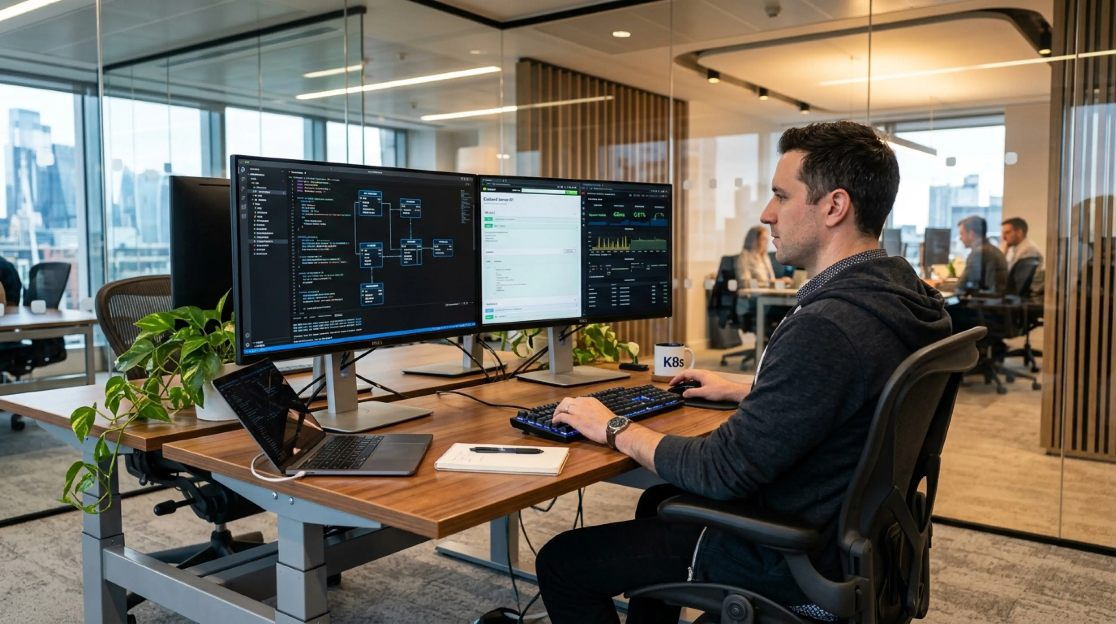 Enterprise software development office with database schemas and server metrics