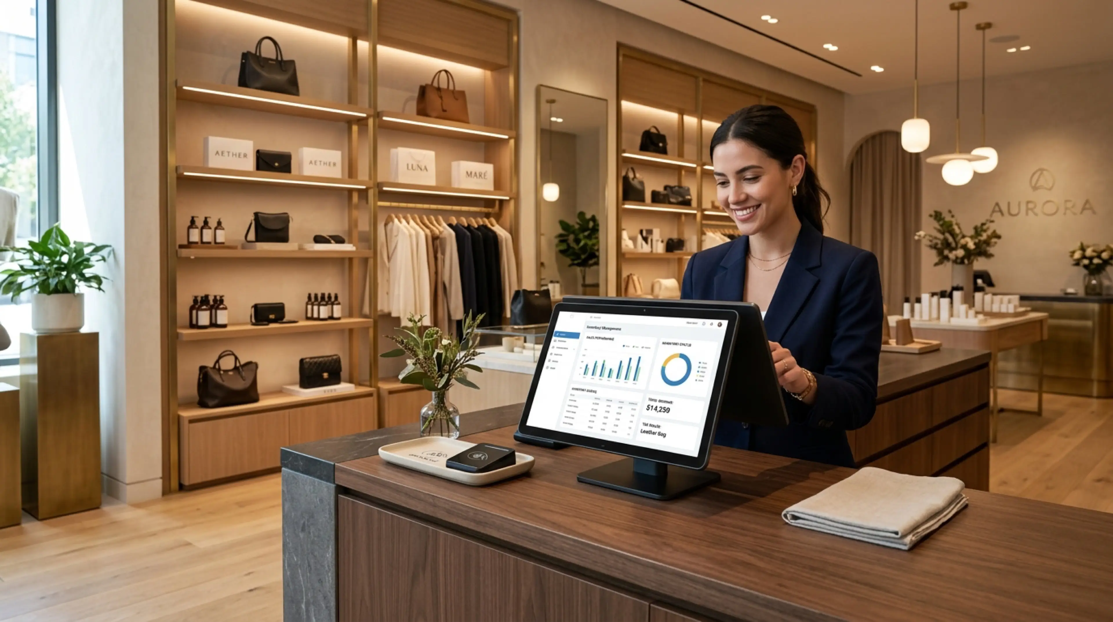 Upscale retail boutique with digital POS inventory management terminal on wooden counter